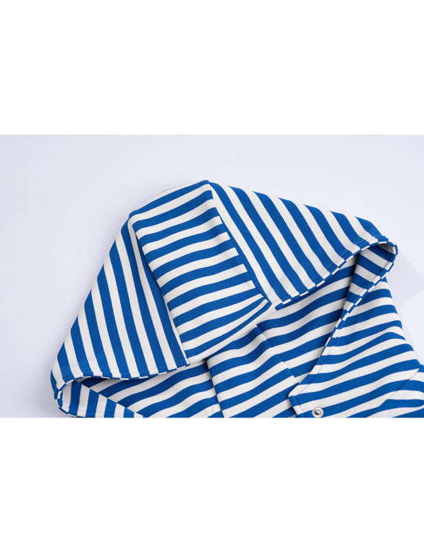 Blue Striped Print Medium-length Hooded Pocketed Jacket