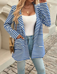 Blue Striped Print Medium-length Hooded Pocketed Jacket