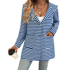 Blue Striped Print Medium-length Hooded Pocketed Jacket