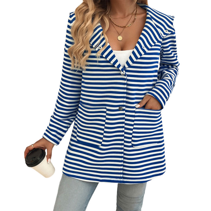 Blue Striped Print Medium-length Hooded Pocketed Jacket