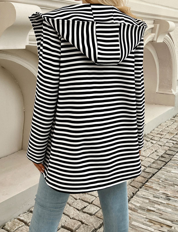 Black Striped Print Medium-length Hooded Pocketed Jacket