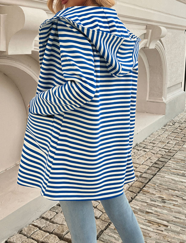Blue Striped Print Medium-length Hooded Pocketed Jacket