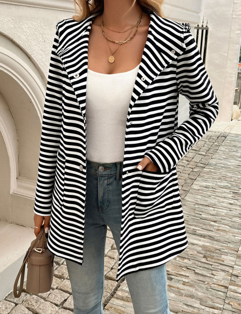 Black Striped Print Medium-length Hooded Pocketed Jacket