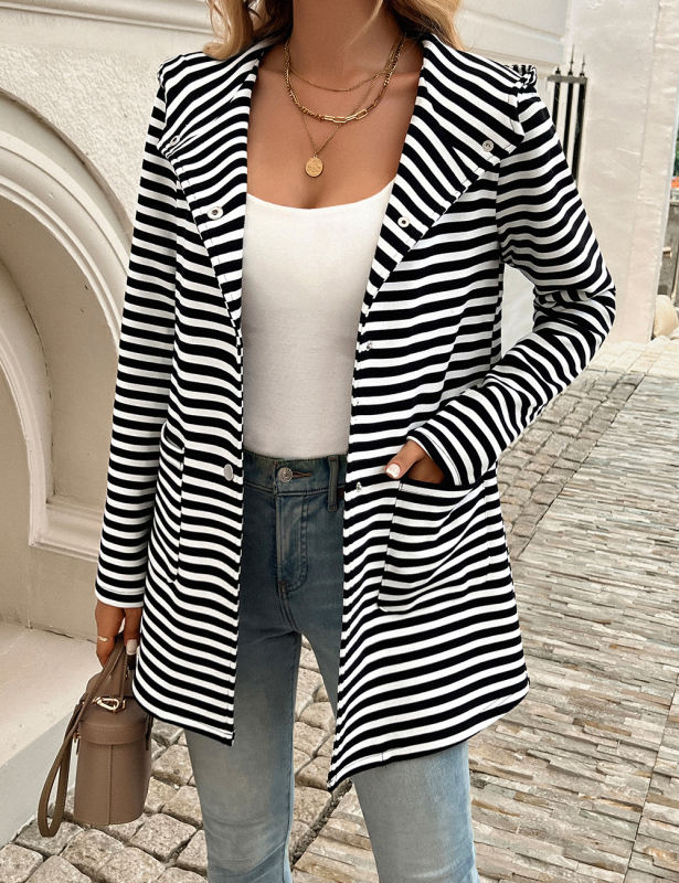 Black Striped Print Medium-length Hooded Pocketed Jacket
