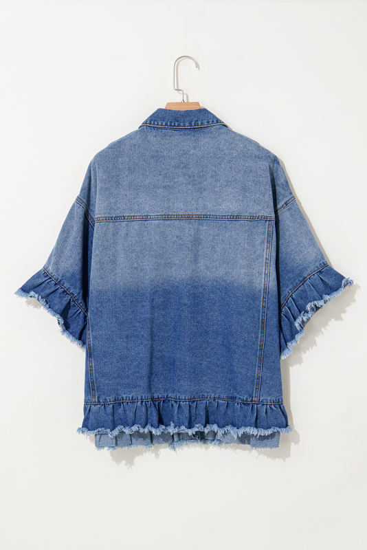 Peacock Blue Ruffled Frayed Short Sleeve Plus Size Denim Jacket