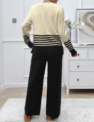 Black Striped Contrast Split Sweater and Straight Leg Pant Set