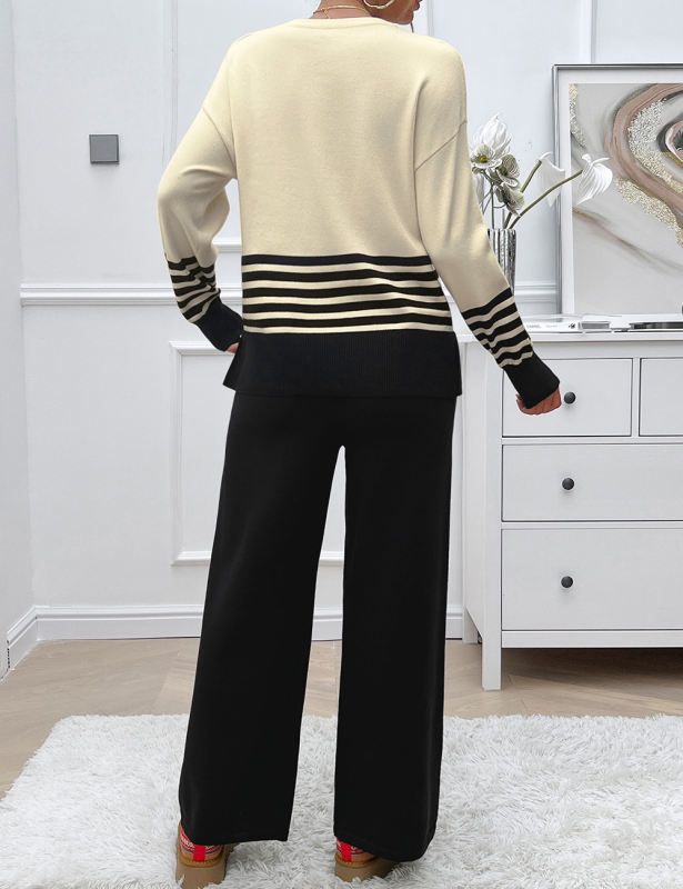 Black Striped Contrast Split Sweater and Straight Leg Pant Set
