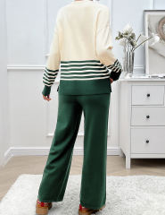 Green Striped Contrast Split Sweater and Straight Leg Pant Set