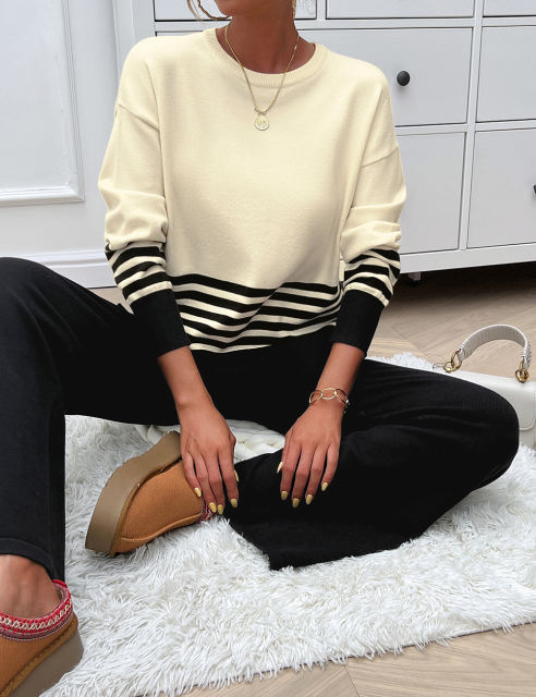 Black Striped Contrast Split Sweater and Straight Leg Pant Set