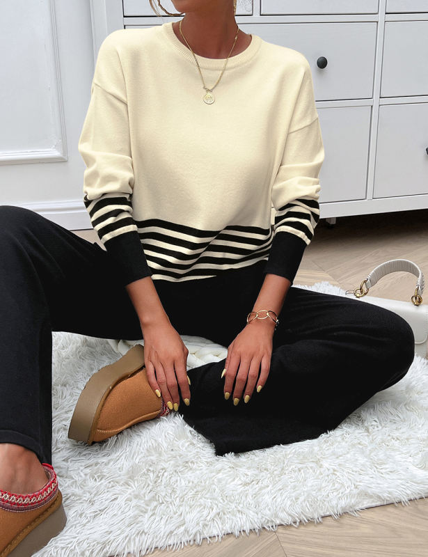 Black Striped Contrast Split Sweater and Straight Leg Pant Set