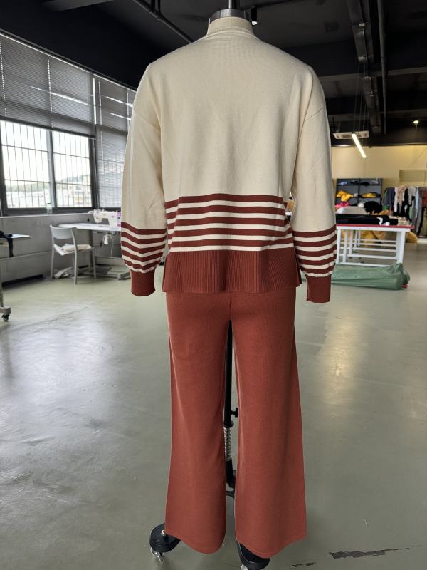 Brown Striped Contrast Split Sweater and Straight Leg Pant Set