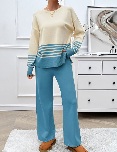 Blue Striped Contrast Split Sweater and Straight Leg Pant Set