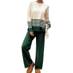 Green Striped Contrast Split Sweater and Straight Leg Pant Set