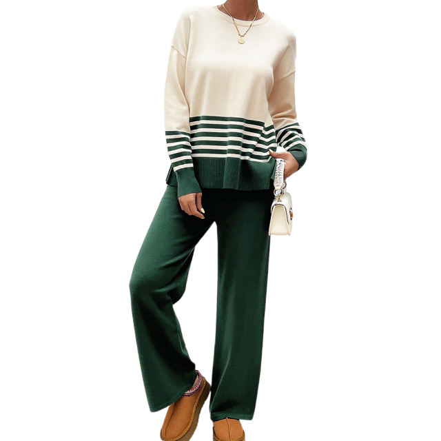 Green Striped Contrast Split Sweater and Straight Leg Pant Set