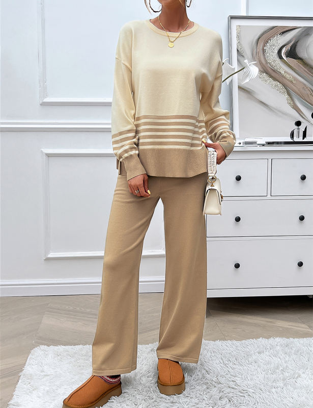 Apricot Striped Contrast Split Sweater and Straight Leg Pant Set