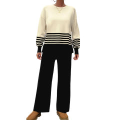 Black Striped Contrast Split Sweater and Straight Leg Pant Set