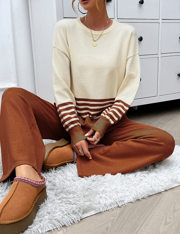 Brown Striped Contrast Split Sweater and Straight Leg Pant Set
