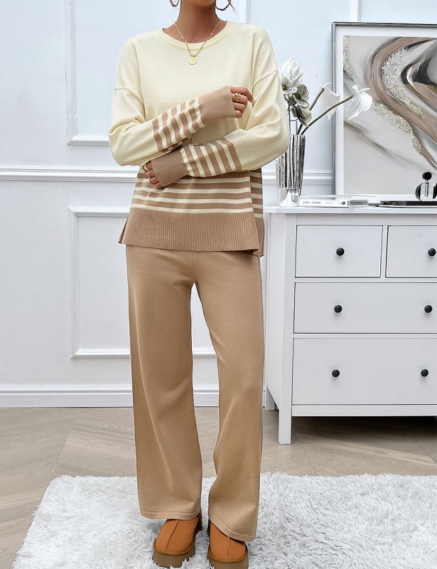 Apricot Striped Contrast Split Sweater and Straight Leg Pant Set