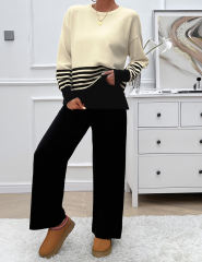 Black Striped Contrast Split Sweater and Straight Leg Pant Set