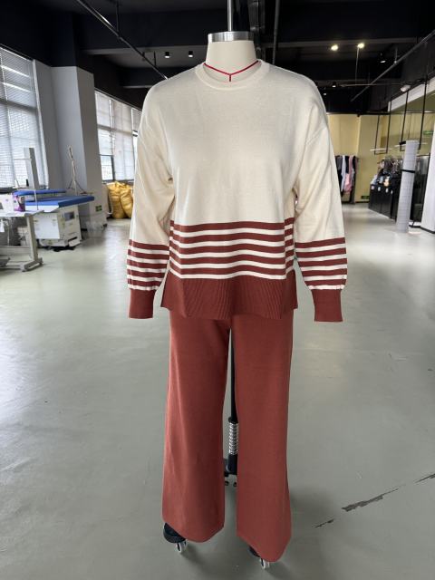 Brown Striped Contrast Split Sweater and Straight Leg Pant Set