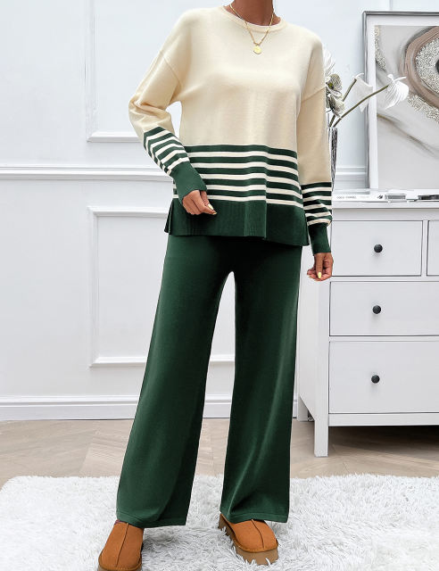 Green Striped Contrast Split Sweater and Straight Leg Pant Set