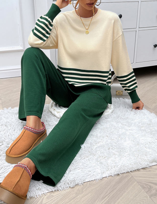 Green Striped Contrast Split Sweater and Straight Leg Pant Set