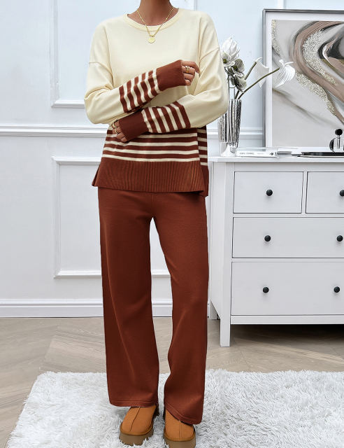 Brown Striped Contrast Split Sweater and Straight Leg Pant Set