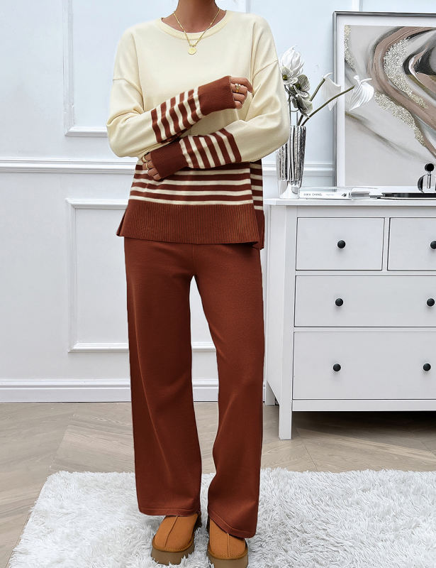 Brown Striped Contrast Split Sweater and Straight Leg Pant Set