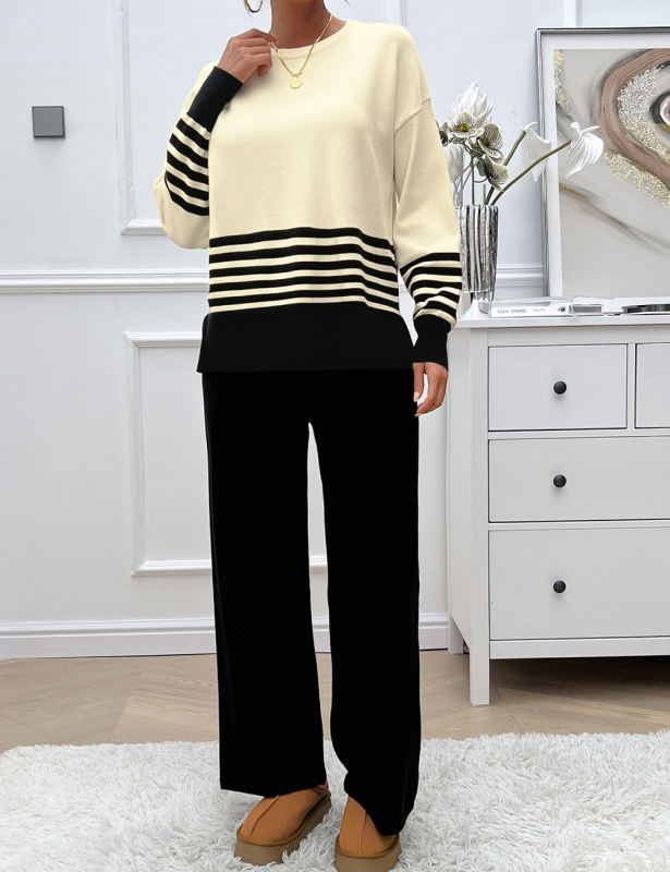 Black Striped Contrast Split Sweater and Straight Leg Pant Set