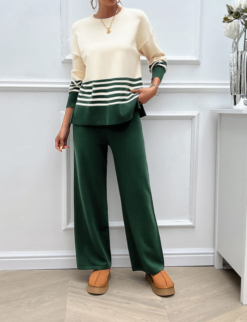 Green Striped Contrast Split Sweater and Straight Leg Pant Set