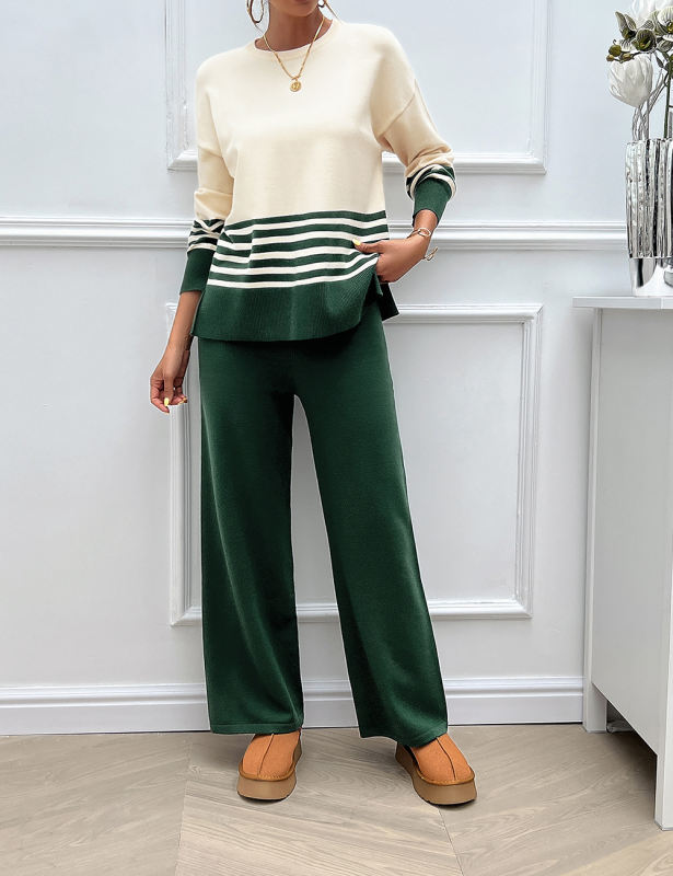 Green Striped Contrast Split Sweater and Straight Leg Pant Set