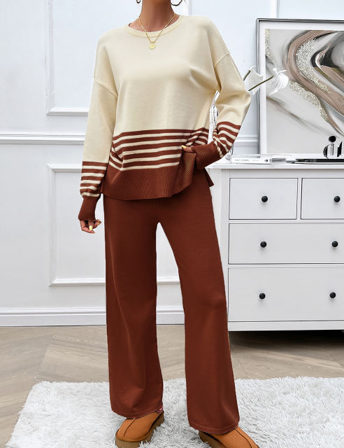 Brown Striped Contrast Split Sweater and Straight Leg Pant Set