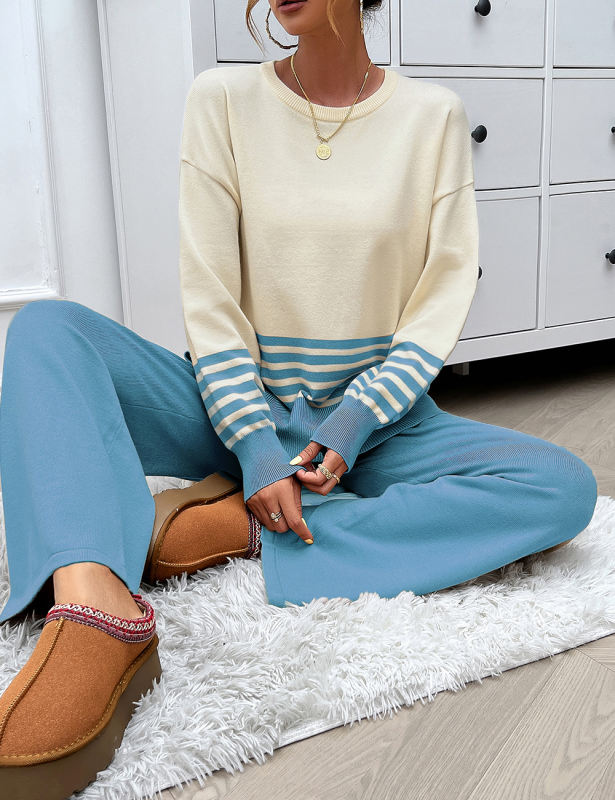 Blue Striped Contrast Split Sweater and Straight Leg Pant Set