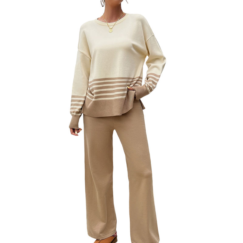 Apricot Striped Contrast Split Sweater and Straight Leg Pant Set