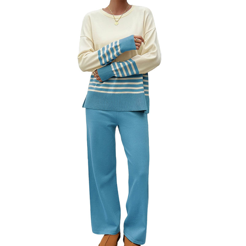 Blue Striped Contrast Split Sweater and Straight Leg Pant Set