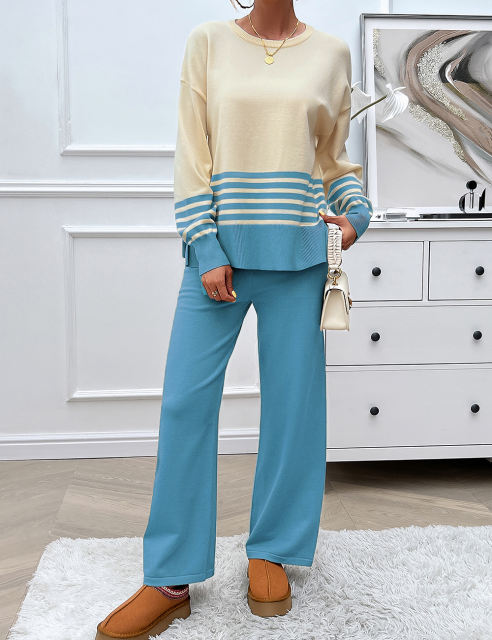 Blue Striped Contrast Split Sweater and Straight Leg Pant Set