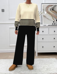Black Striped Contrast Split Sweater and Straight Leg Pant Set