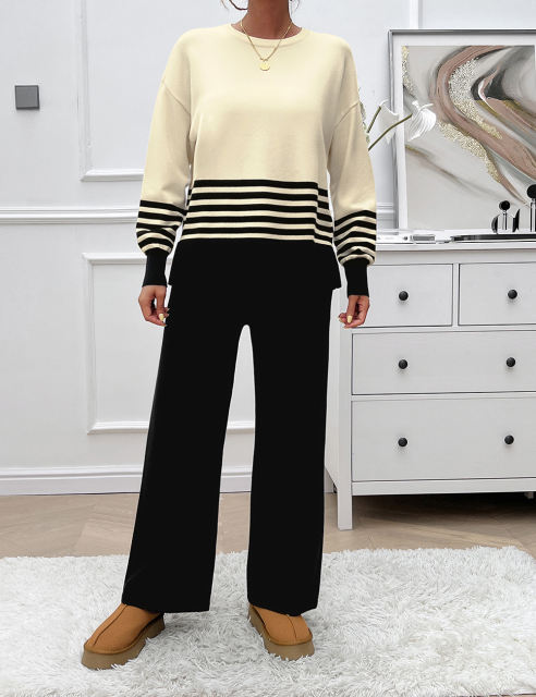 Black Striped Contrast Split Sweater and Straight Leg Pant Set