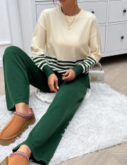Green Striped Contrast Split Sweater and Straight Leg Pant Set
