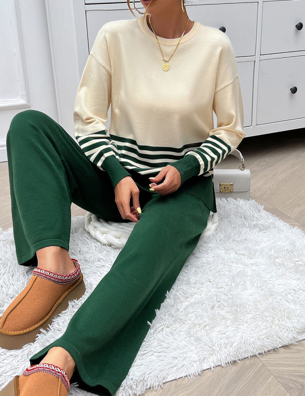 Green Striped Contrast Split Sweater and Straight Leg Pant Set