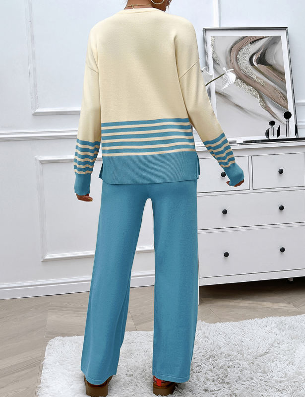 Blue Striped Contrast Split Sweater and Straight Leg Pant Set