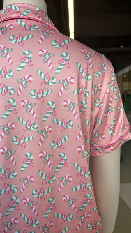 Pink Christmas Candy Cane Print Pocketed Shirt and Shorts Pajamas Set