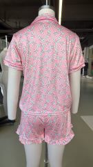 Pink Christmas Candy Cane Print Pocketed Shirt and Shorts Pajamas Set