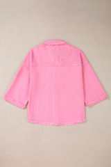 Bonbon Pearl Beaded Raw Hem Button Up Denim Jacket