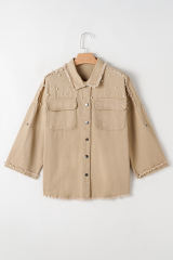 Khaki Pearl Beaded Raw Hem Button Up Denim Jacket