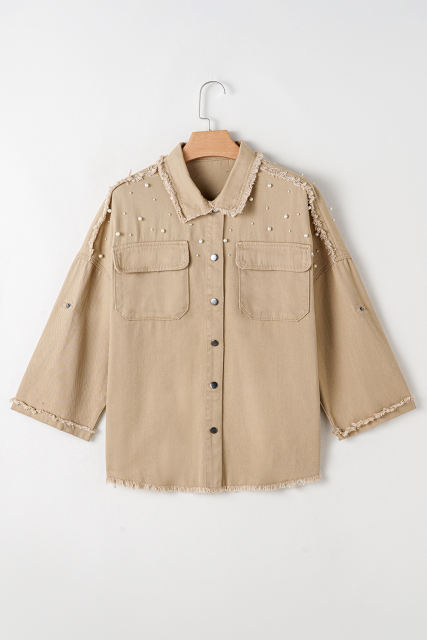 Khaki Pearl Beaded Raw Hem Button Up Denim Jacket