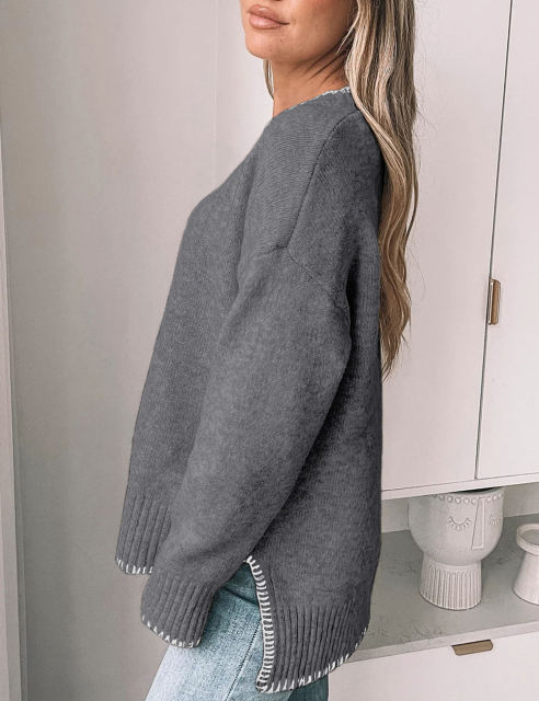 Grey Contrast Trim Side Slit Knit Pullover Swearer