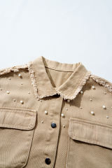 Khaki Pearl Beaded Raw Hem Button Up Denim Jacket