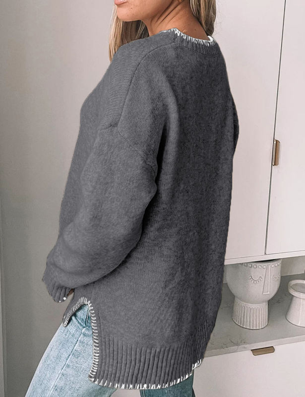 Grey Contrast Trim Side Slit Knit Pullover Swearer