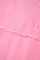Bonbon Pearl Beaded Raw Hem Button Up Denim Jacket